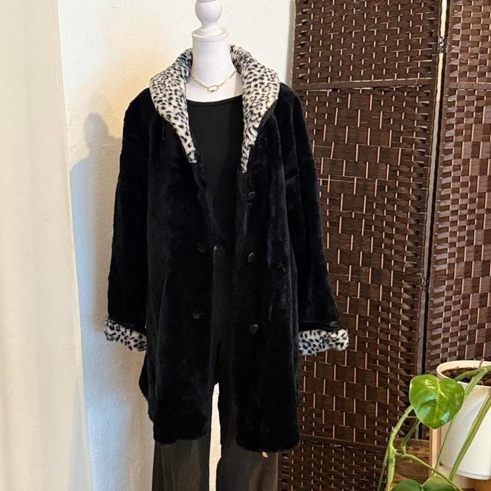 Casual Time Vintage Faux Fur Black Coat Animal Print Neck Trim Size Girls 16 Y2k